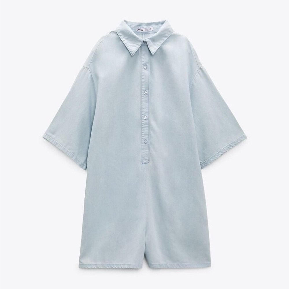 Zara Pale Blue Short-Sleeve Denim Jumpsuit